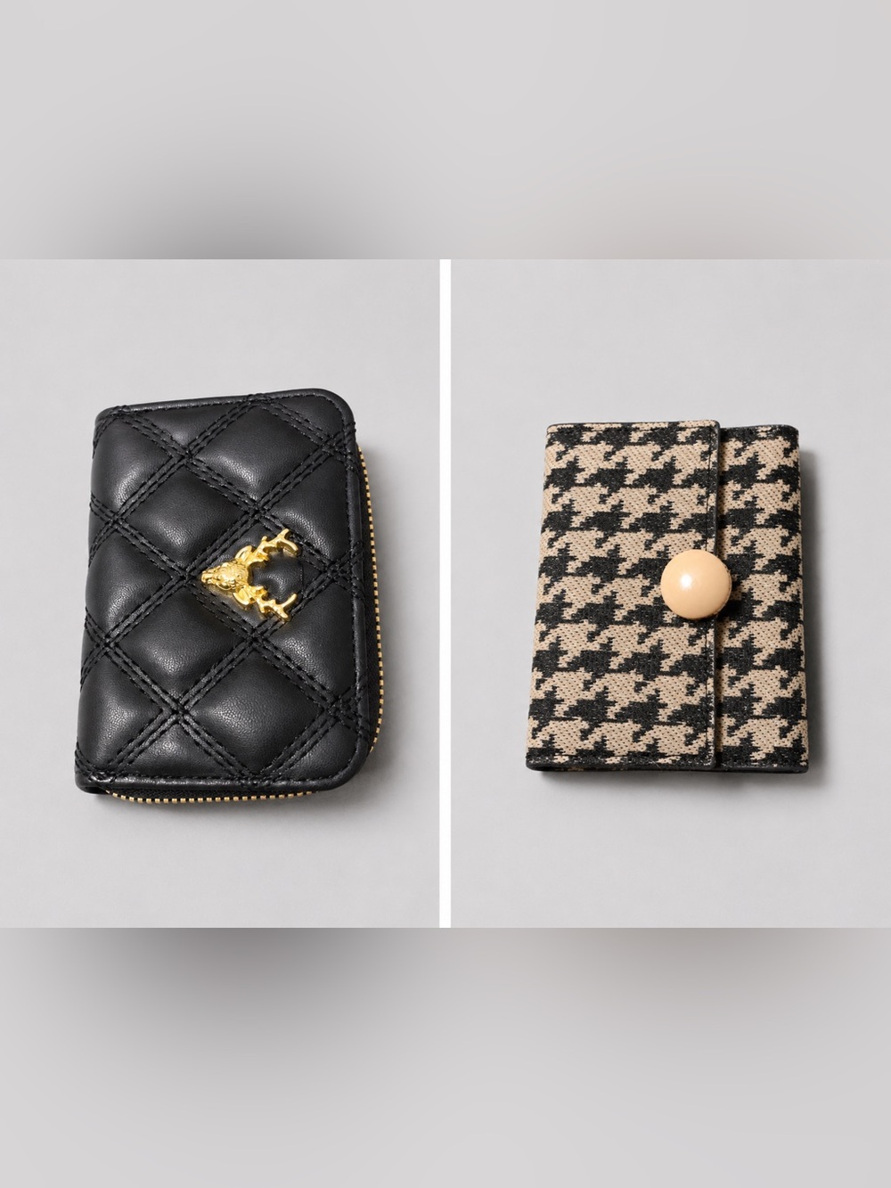 Black Quilted Zip Wallet with Gold Emblem & Black houds Wallet Set of 2